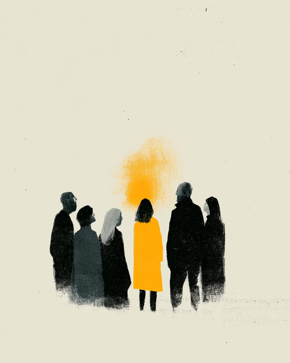 Gruppe von Menschen betrachtet gelben Fleck, Illustration, Gemeinschaft, Kunst
