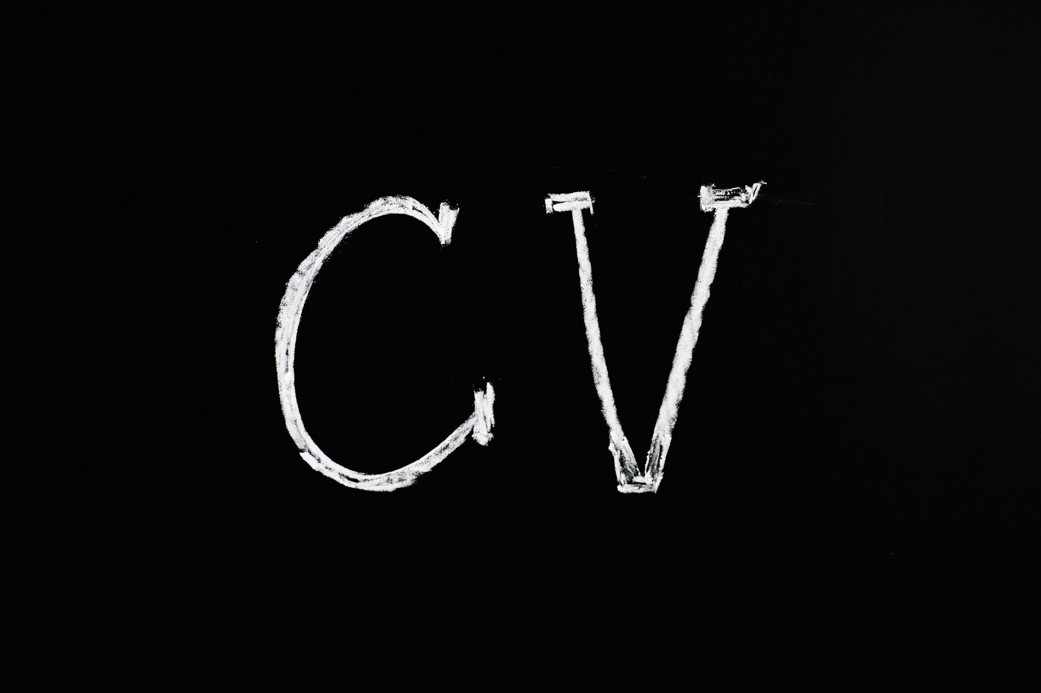 The letters CV in white on a black background.