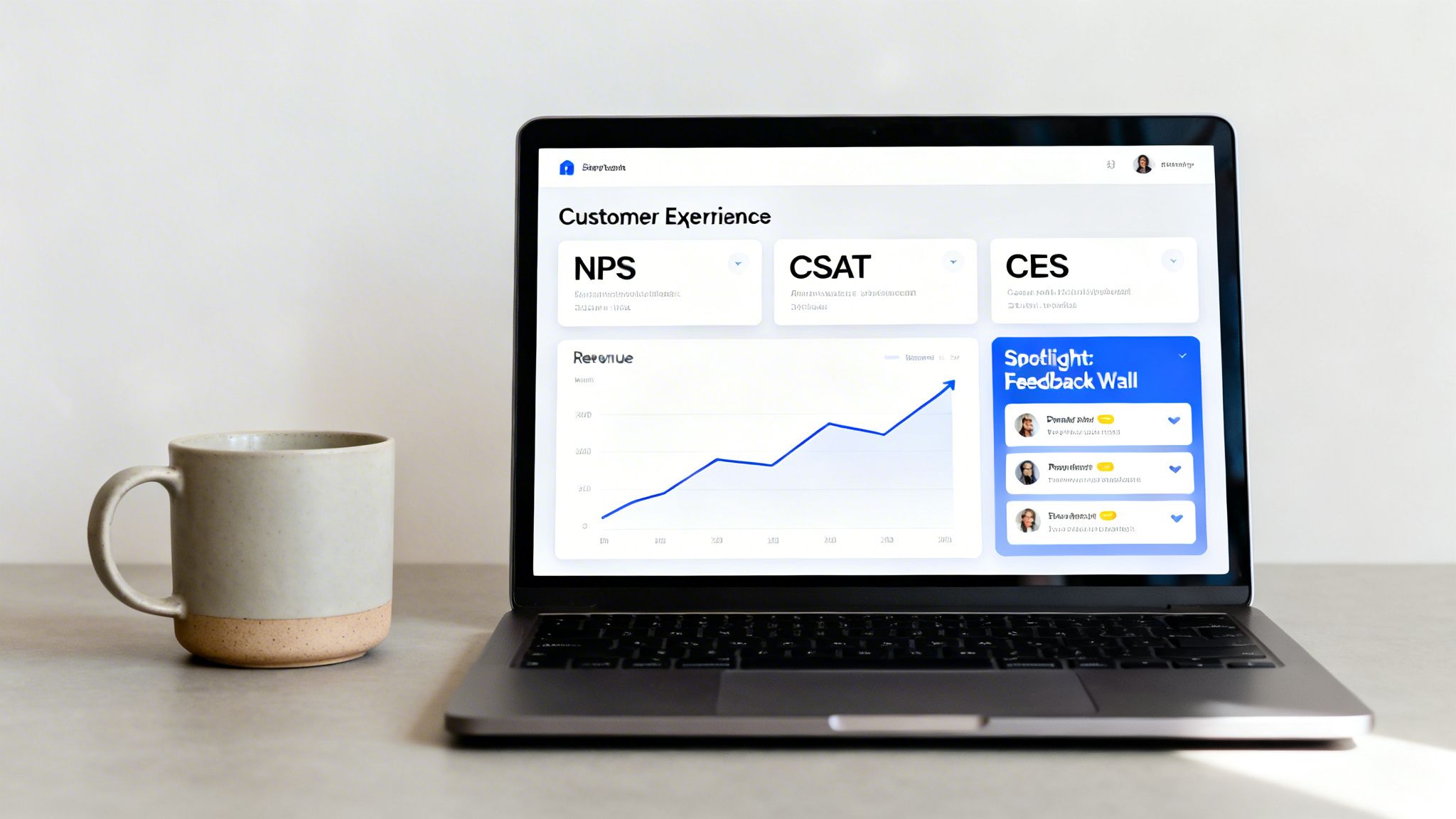 A laptop showing a customer experience dashboard with NPS, CSAT, CES, revenue graph, and a feedback wall, next to a ceramic mug.