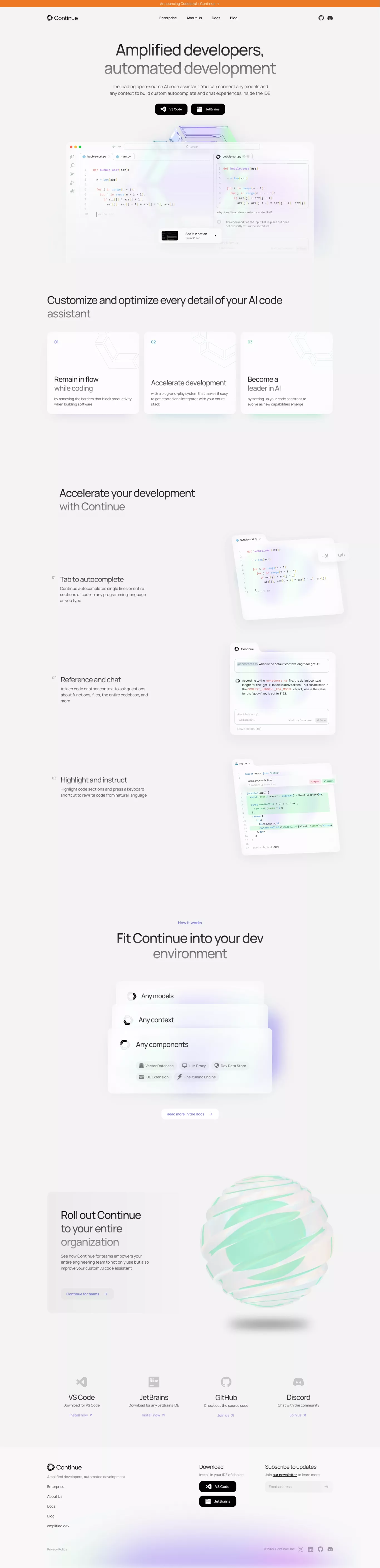 Continue landing page screenshot showcasing Tech and AI design