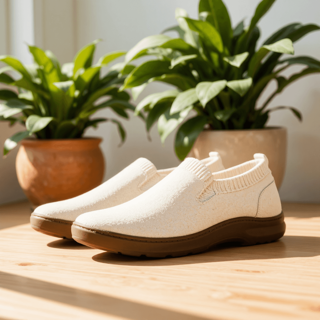 product photography of a pair of casual slip-on shoes designed for comfort and style