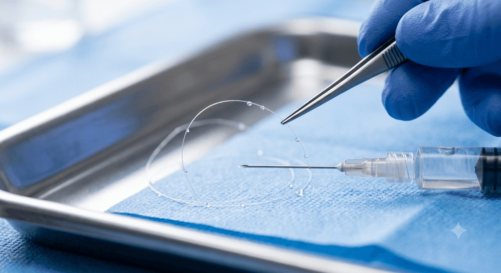 Illustration showing how the threads are placed in the scalp to create a supportive mesh for hair roots.