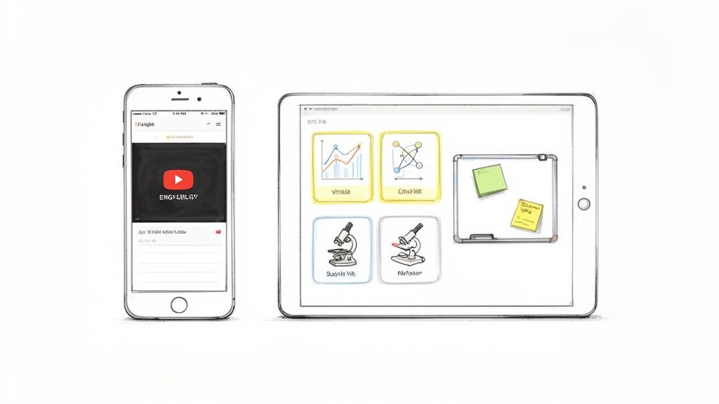 Sketch drawing of a smartphone showing a video and a tablet with educational app icons.