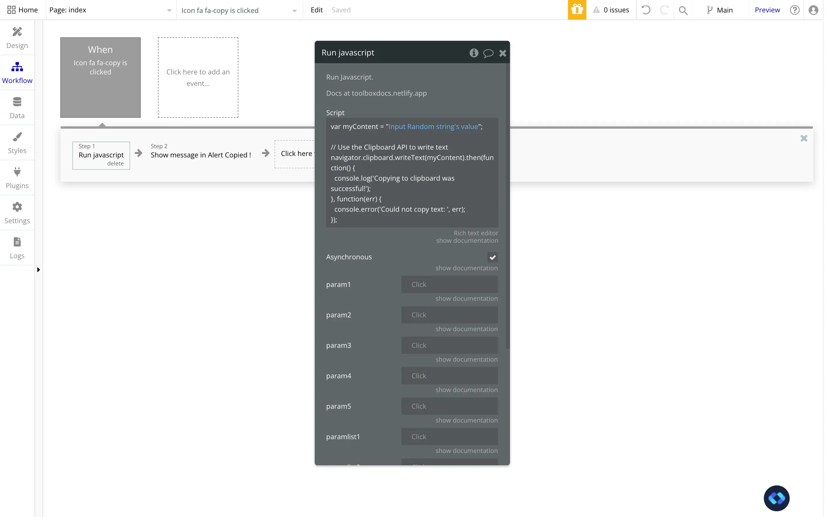 a screenshot of a copy to clipboard workflow in bubble.io