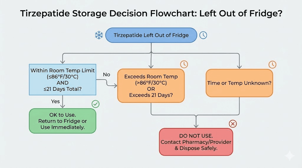 Tirzepatide left out of fridge decision flowchart what to do next
