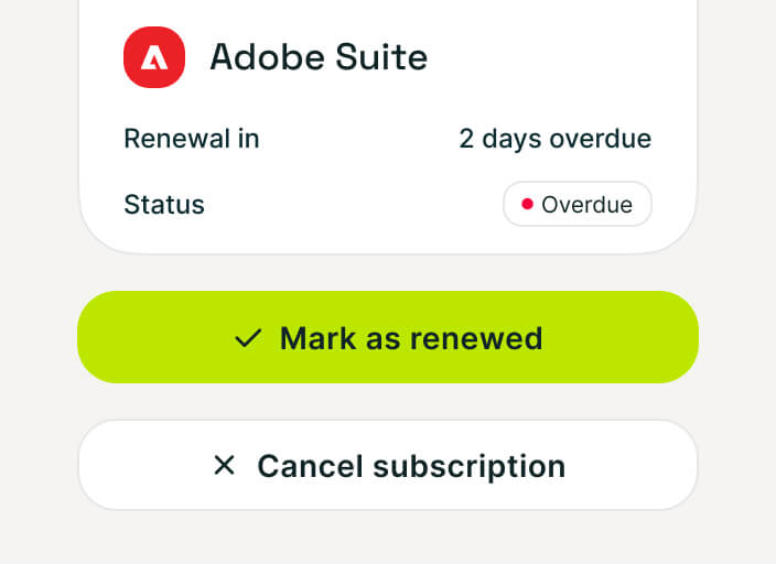 Subscription renewal alert card for Adobe Suite showing a '2 days overdue' status with options to update the renewal or cancel the subscription.
