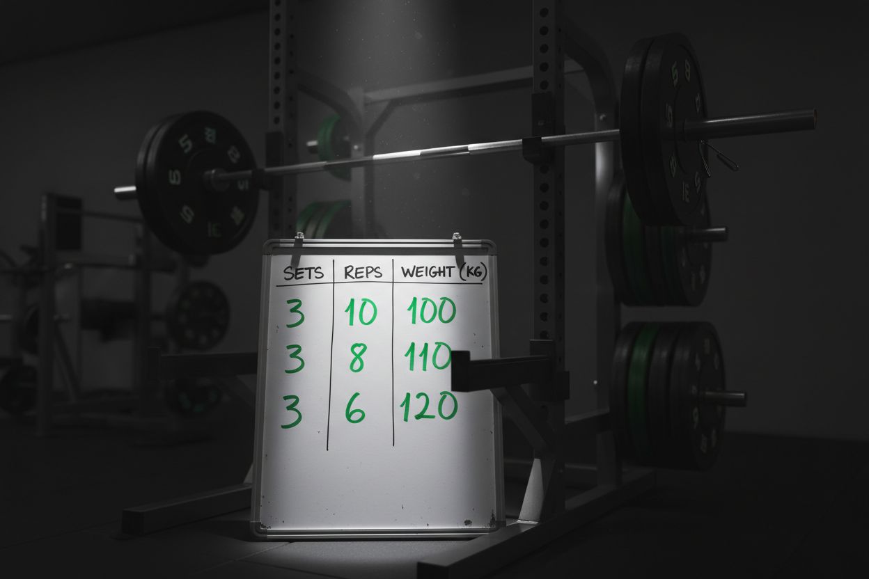 Training volume formula written on a gym whiteboard