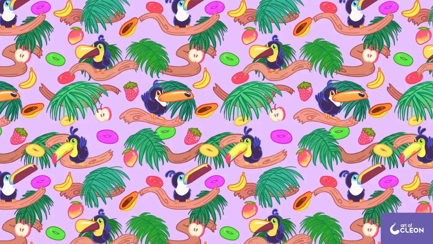 Touc Fruits repeat on a light lavender ground, with the same toucans, branches, palm fronds, fruit, and colored cereal rings.