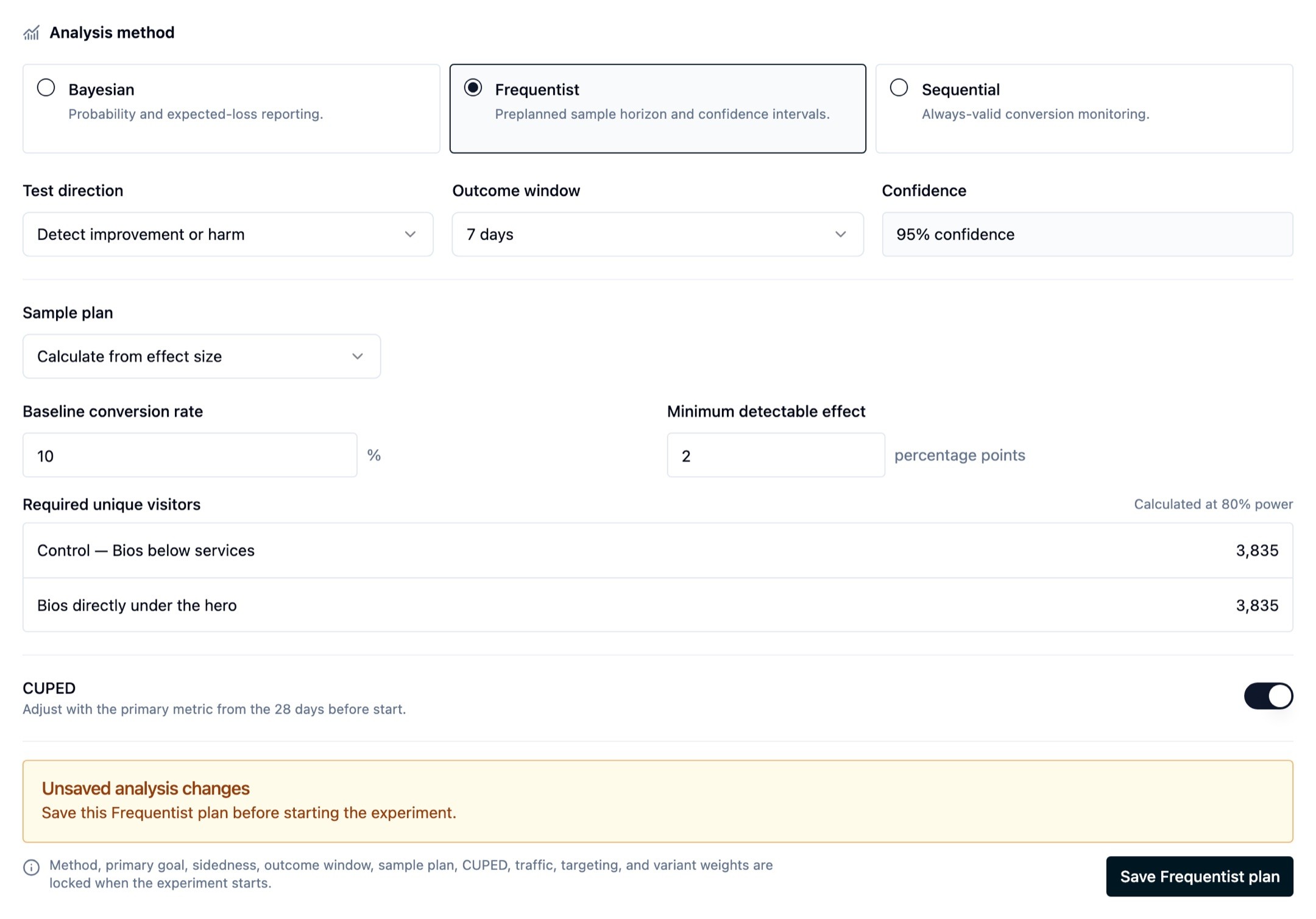 The experiment analysis method panel with Bayesian, Frequentist, and Sequential options, a sample plan calculated from effect size, and a CUPED toggle