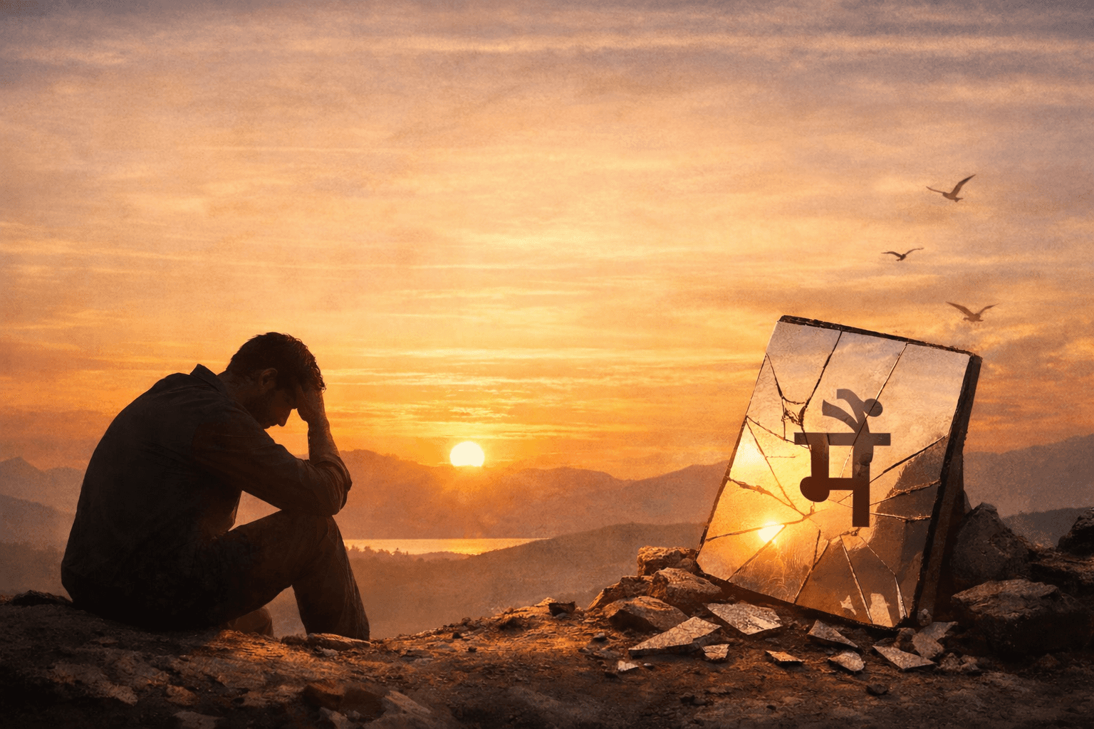 सूर्यास्त में चट्टान पर बैठा उदास व्यक्ति और पास में टूटा हुआ दर्पण जिसमें “मैं” लिखा है, अहंकार और पहचान के टूटने का प्रतीक।