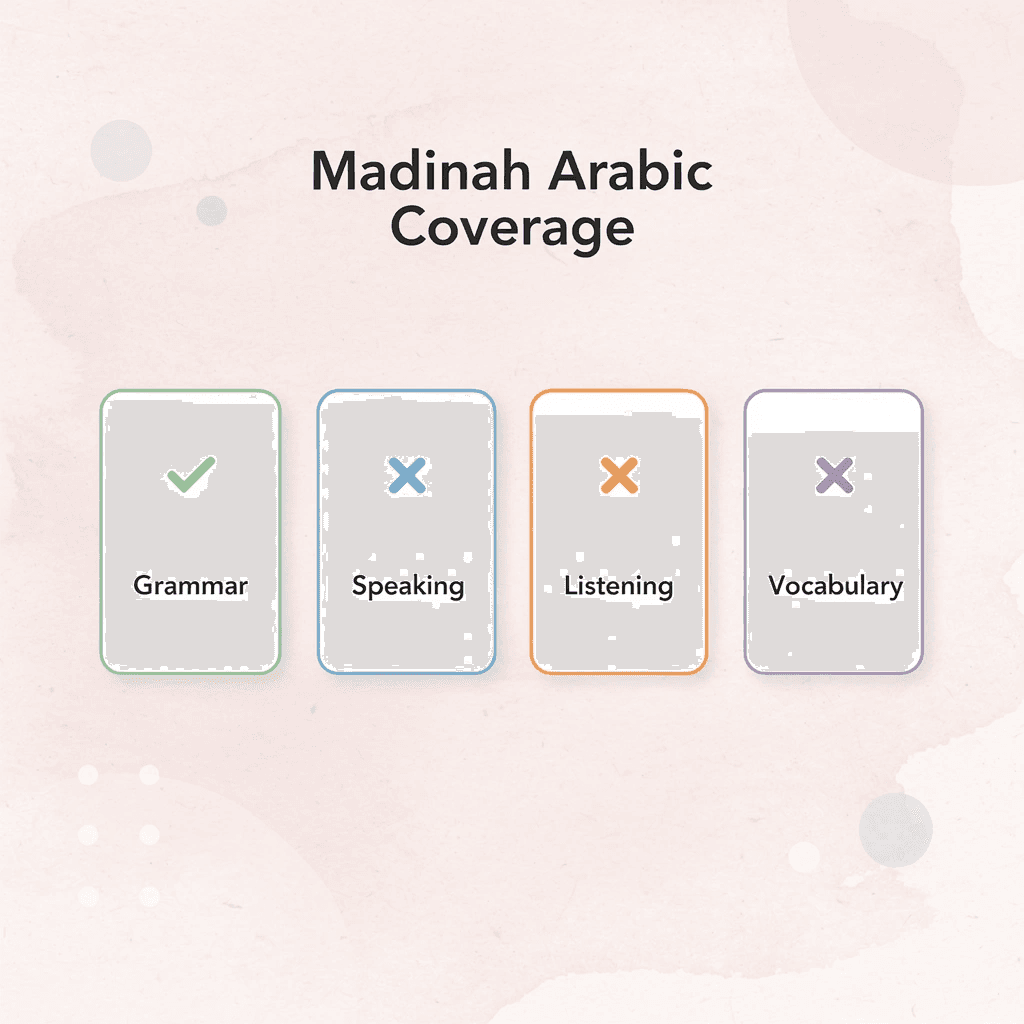 Infographic showing what Madinah Arabic covers well versus gaps