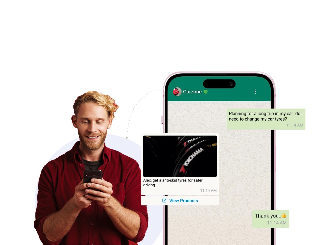 Person using a smartphone to chat with Carzone on WhatsApp about car tyre recommendations for a long trip, featuring a suggestion for anti-skid Yokohama tyres and product link