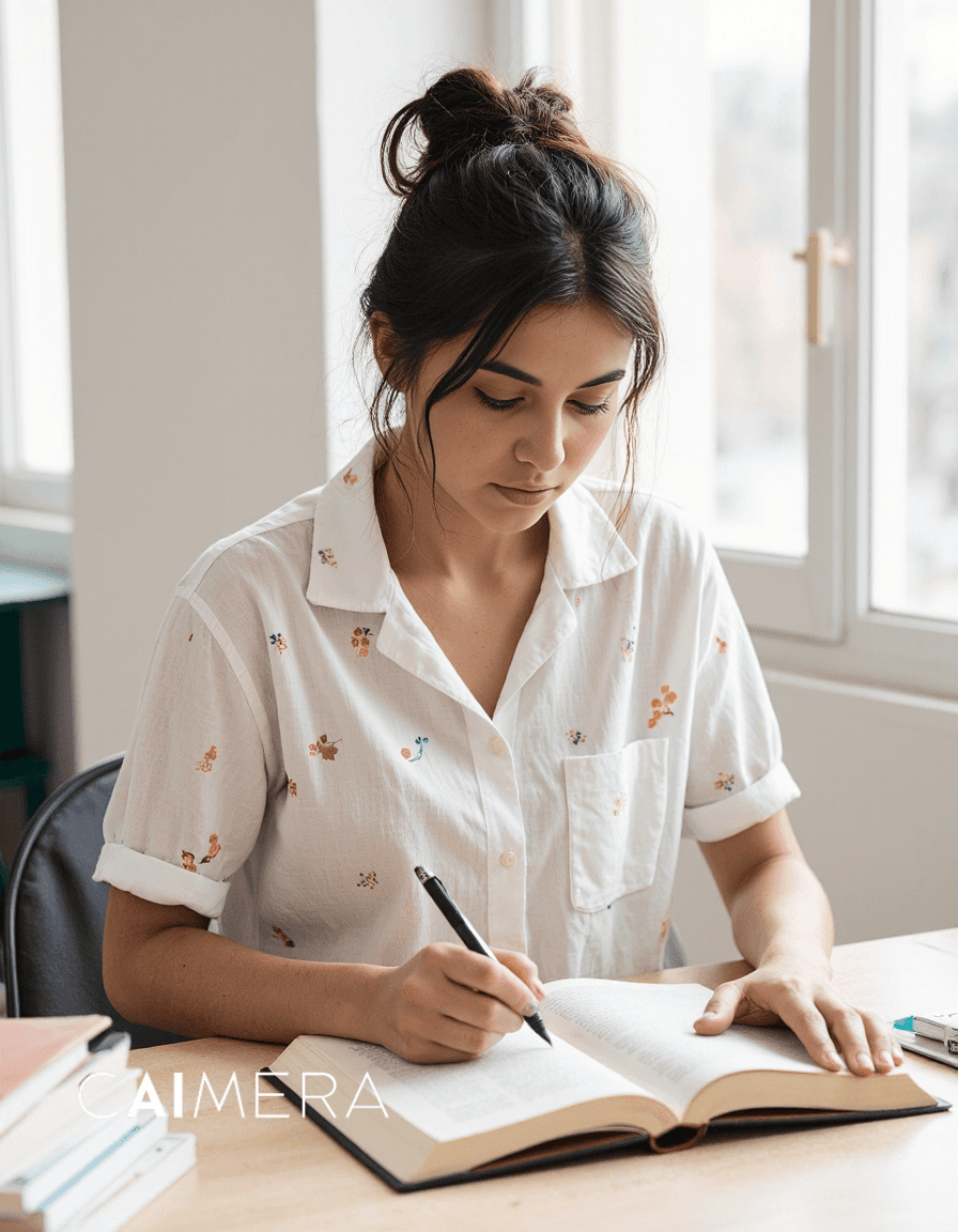 Person in white floral shirt with hair in bun writing in journal by bright window, creating a peaceful moment of creativity and reflection