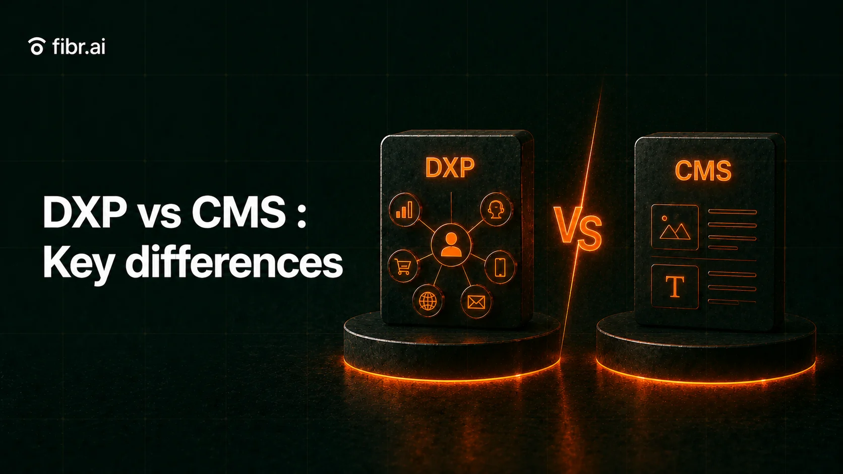 DXP vs CMS comparison visual showing two connected digital platforms representing content management and integrated customer experience systems.