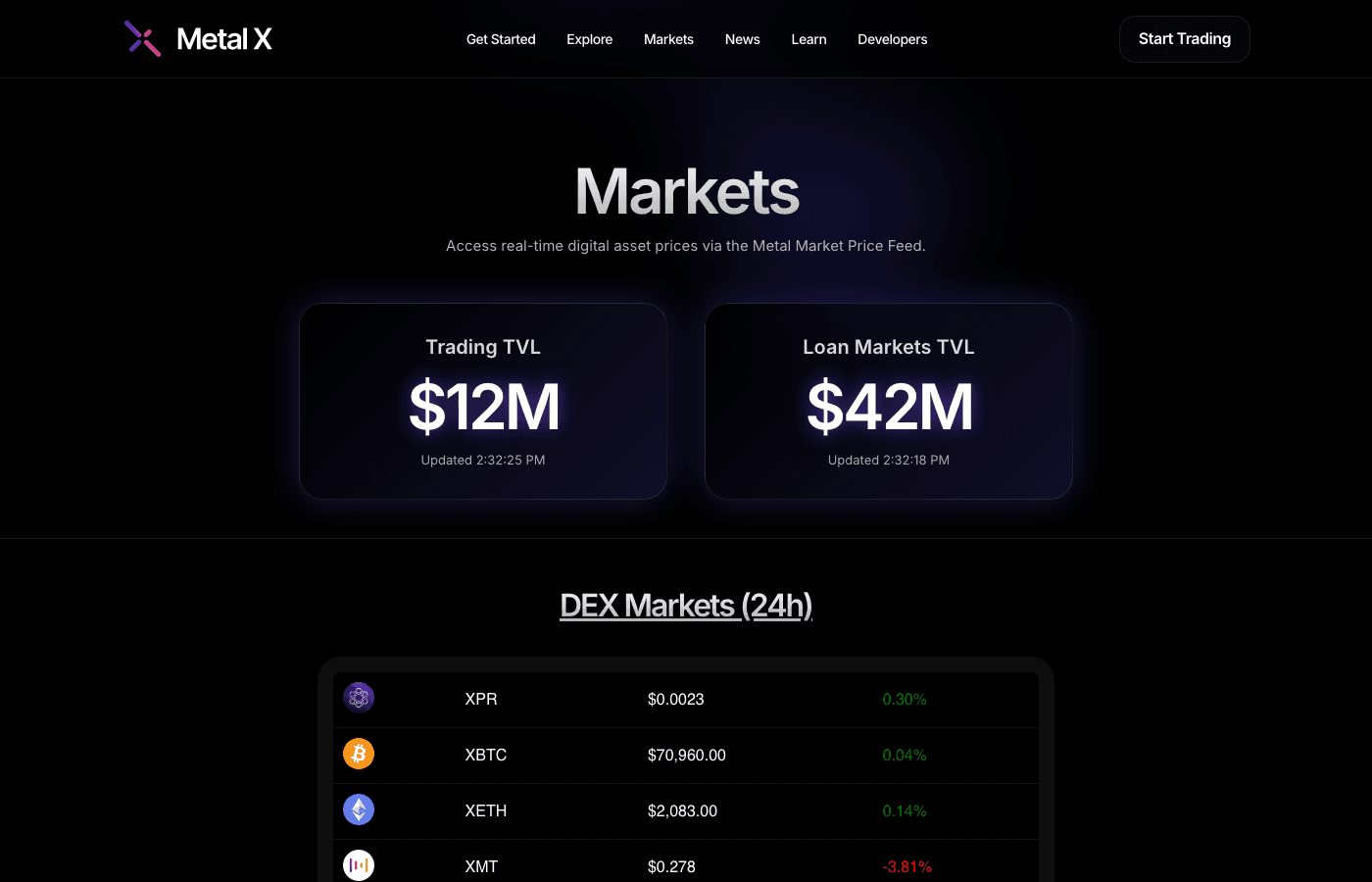 Metal X Markets overview page