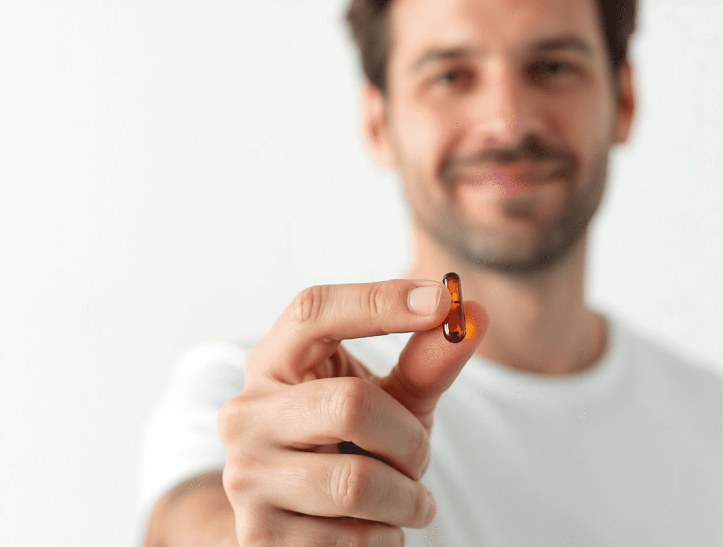 A young male holding a vitamin