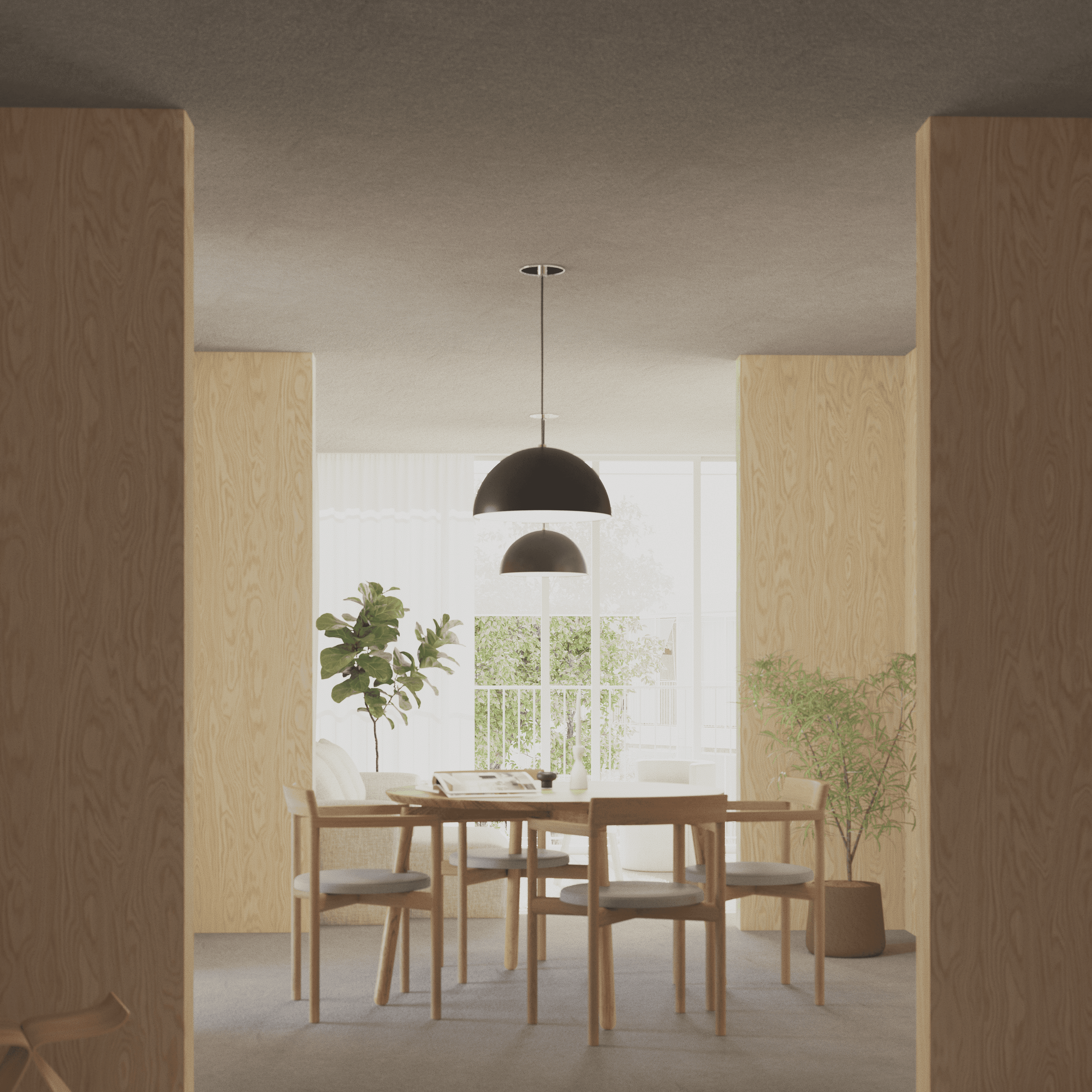 A spacious indoor café with wooden floors, large windows, plants, and a mix of seating areas and workspace.