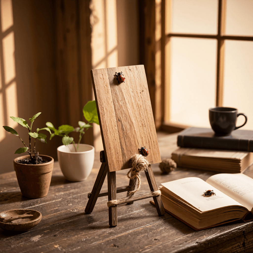 product photography of a wooden display stand with decorative rope and ladybug accents