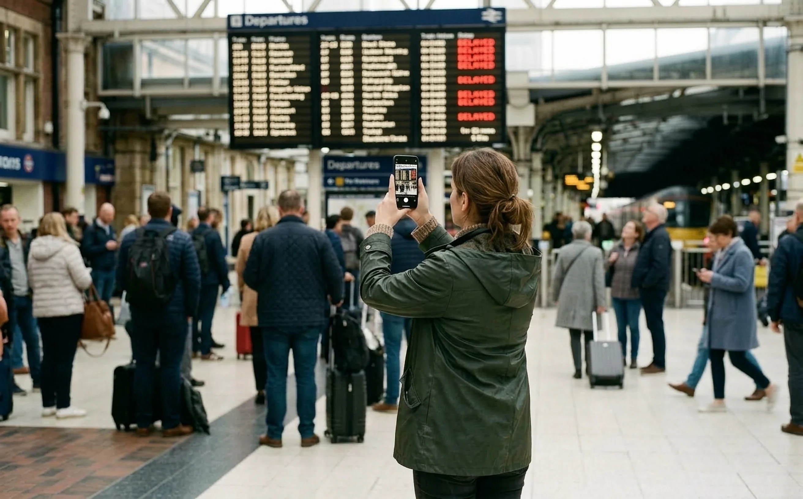 A commuter photographs a departure board full of delays.