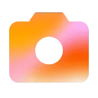 An abstract depiction of a camera icon featuring vibrant orange and pink hues against a muted background.