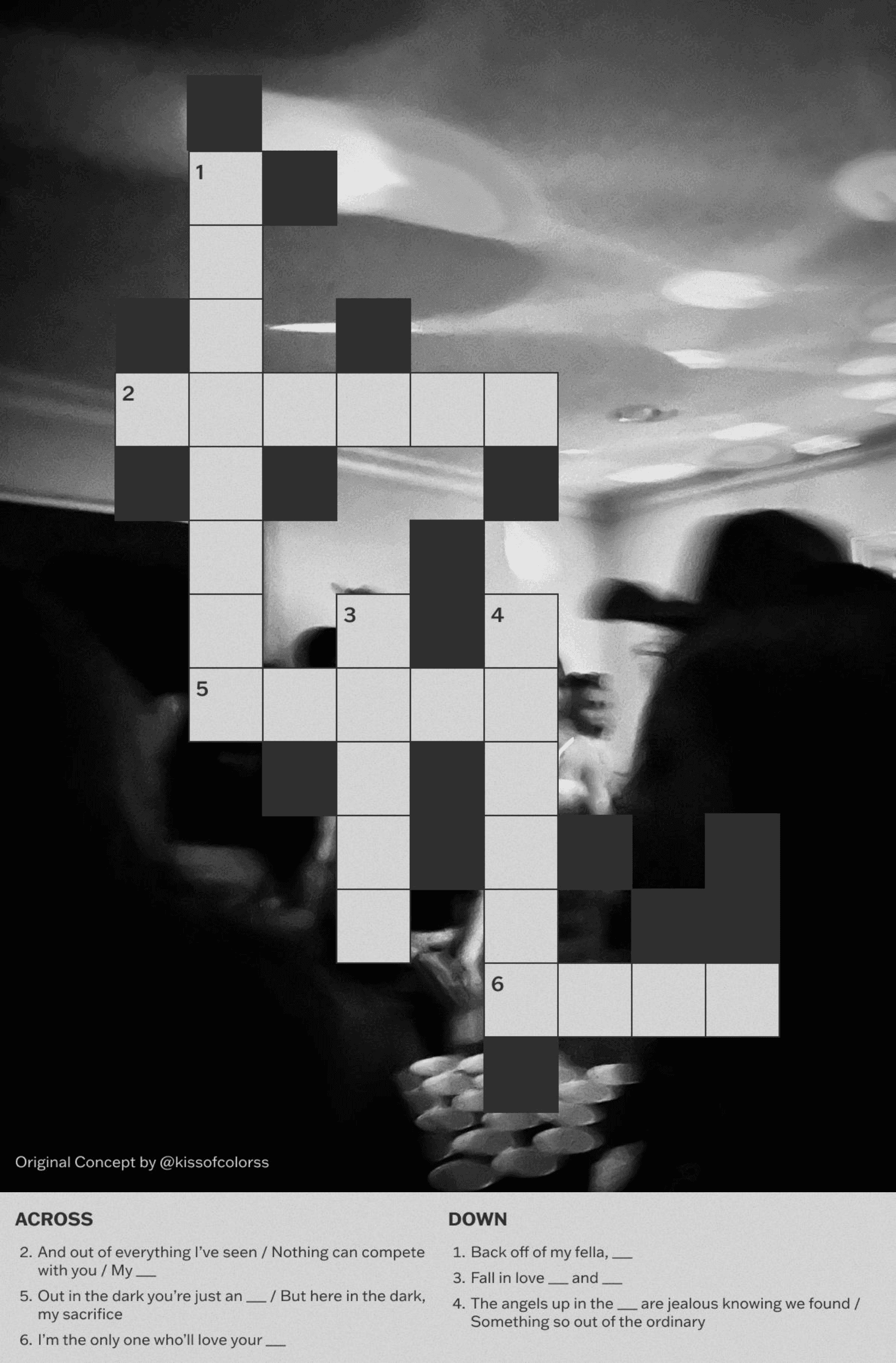 A partially completed crossword over an image of a party.