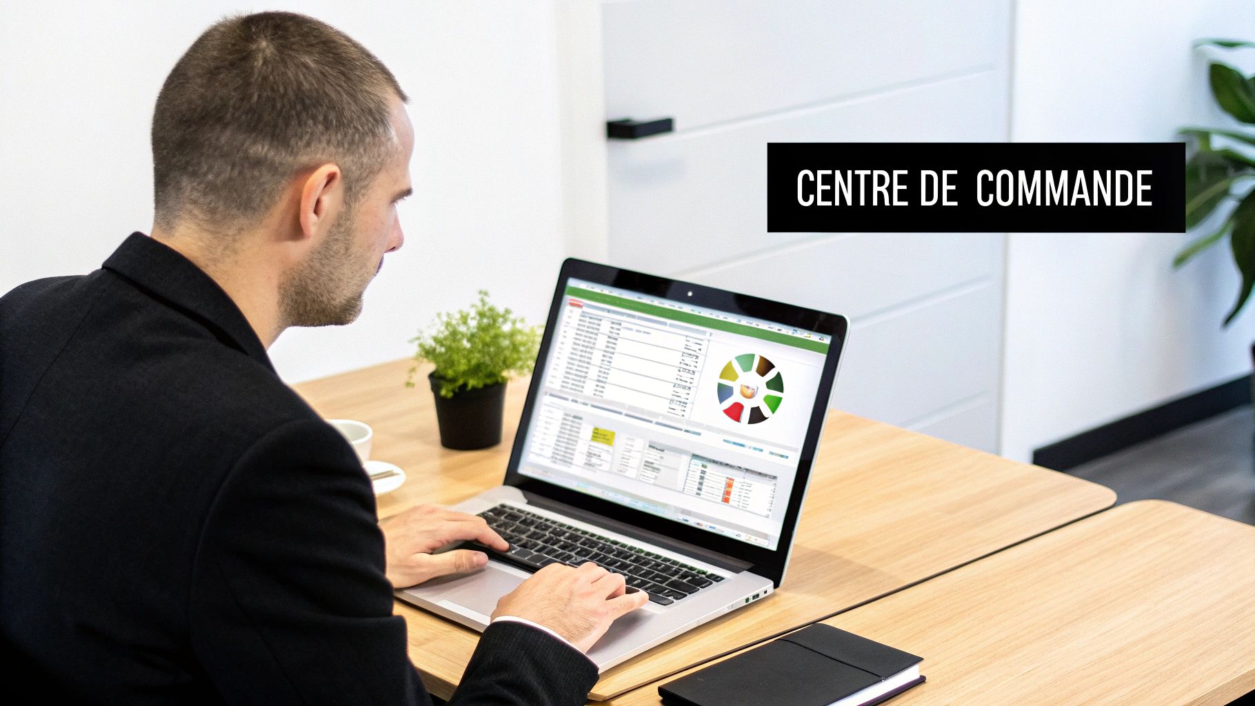 Un homme en costume utilise un ordinateur portable affichant un tableau de bord et des graphiques. Le texte « CENTRE DE COMMANDE » est superposé.