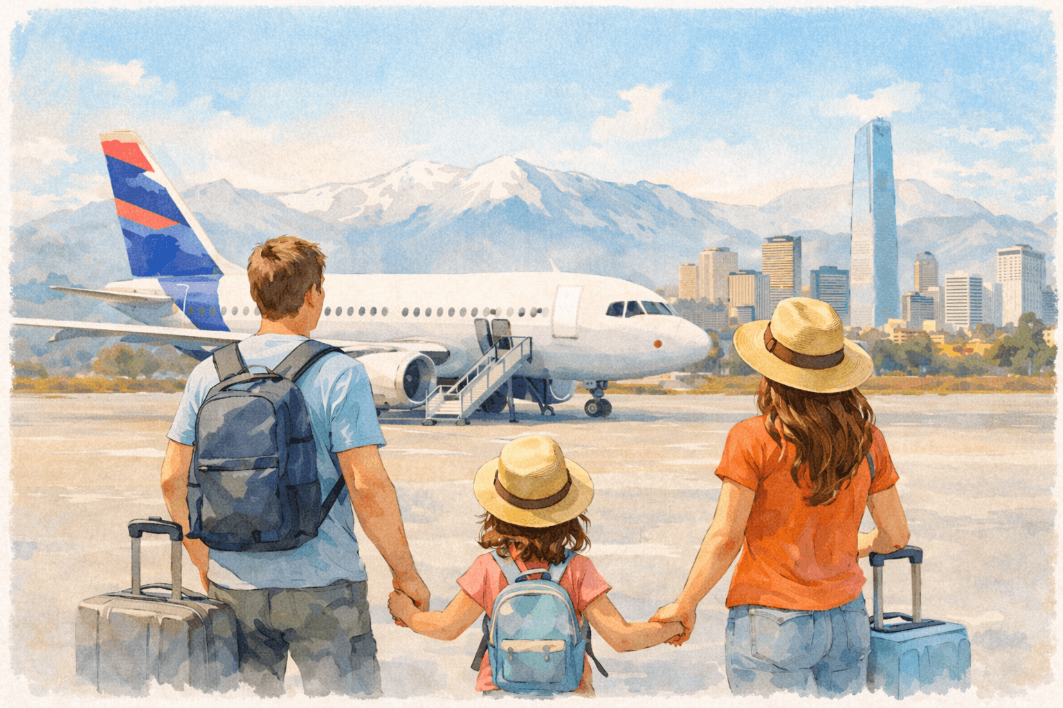 Família viajando para o Chile com malas no aeroporto, caminhando em direção a um avião com a Cordilheira dos Andes e o skyline de Santiago ao fundo, em ilustração estilo aquarela.