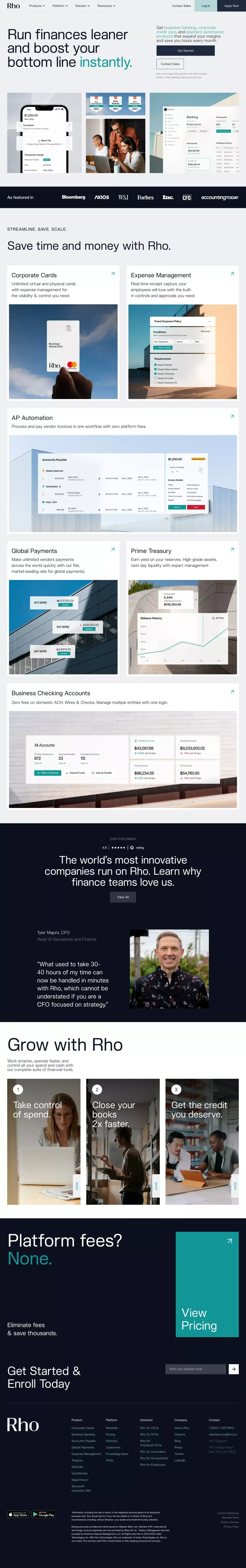 Rho landing page screenshot showcasing Tech and Finance design