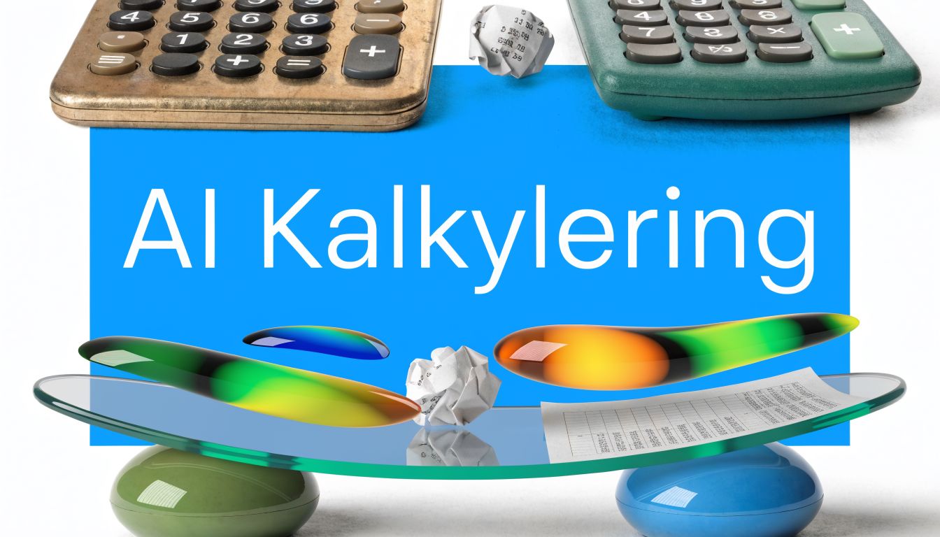 Två miniräknare och papperslappar på ett bord med texten AI Kalkylering framför en blå bakgrund.