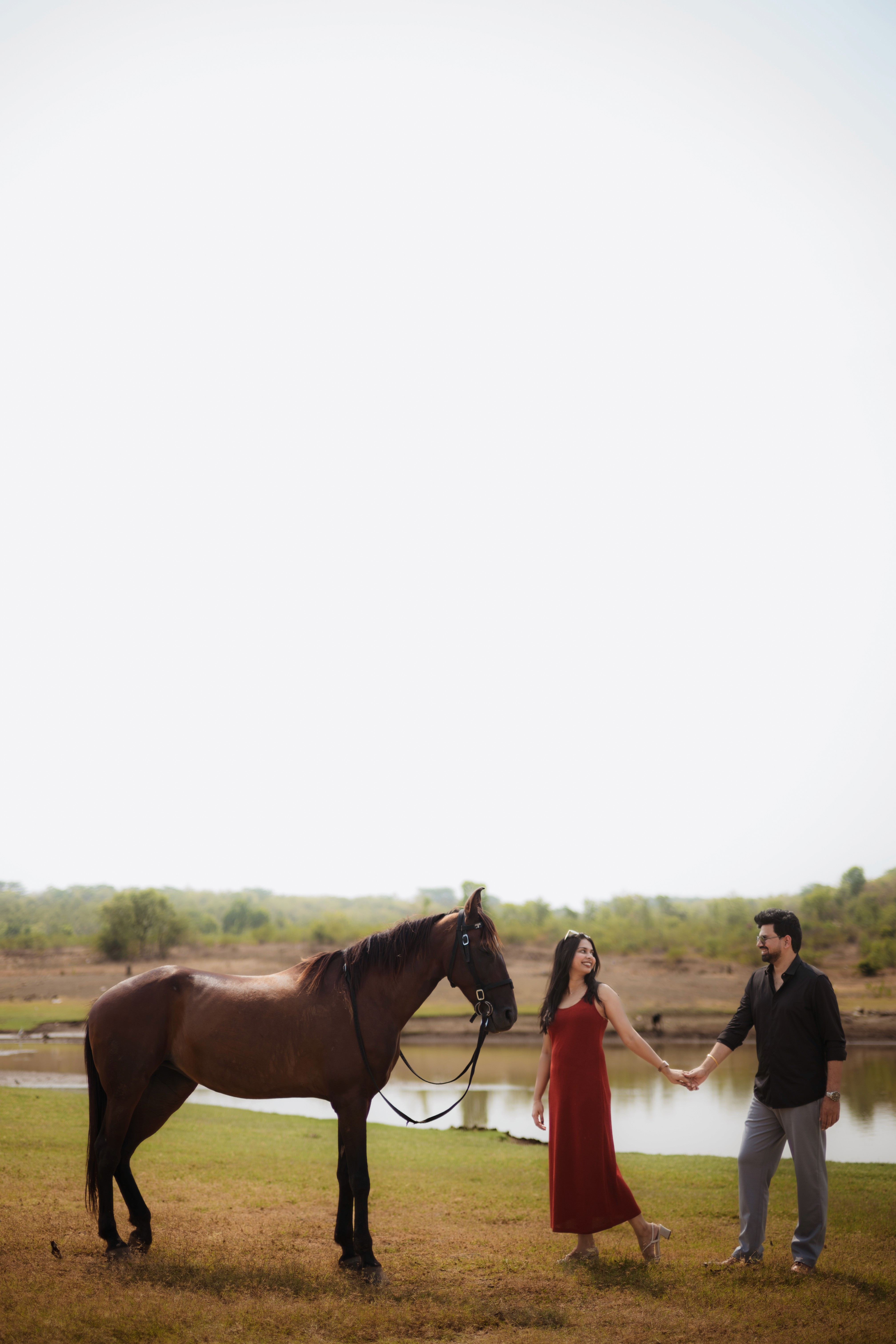 Pre-wedding couple photoshoot collage by a lakeside at golden hour, bride in pink saree with henna details, by Wow Makers photography in Hyderabad, India.