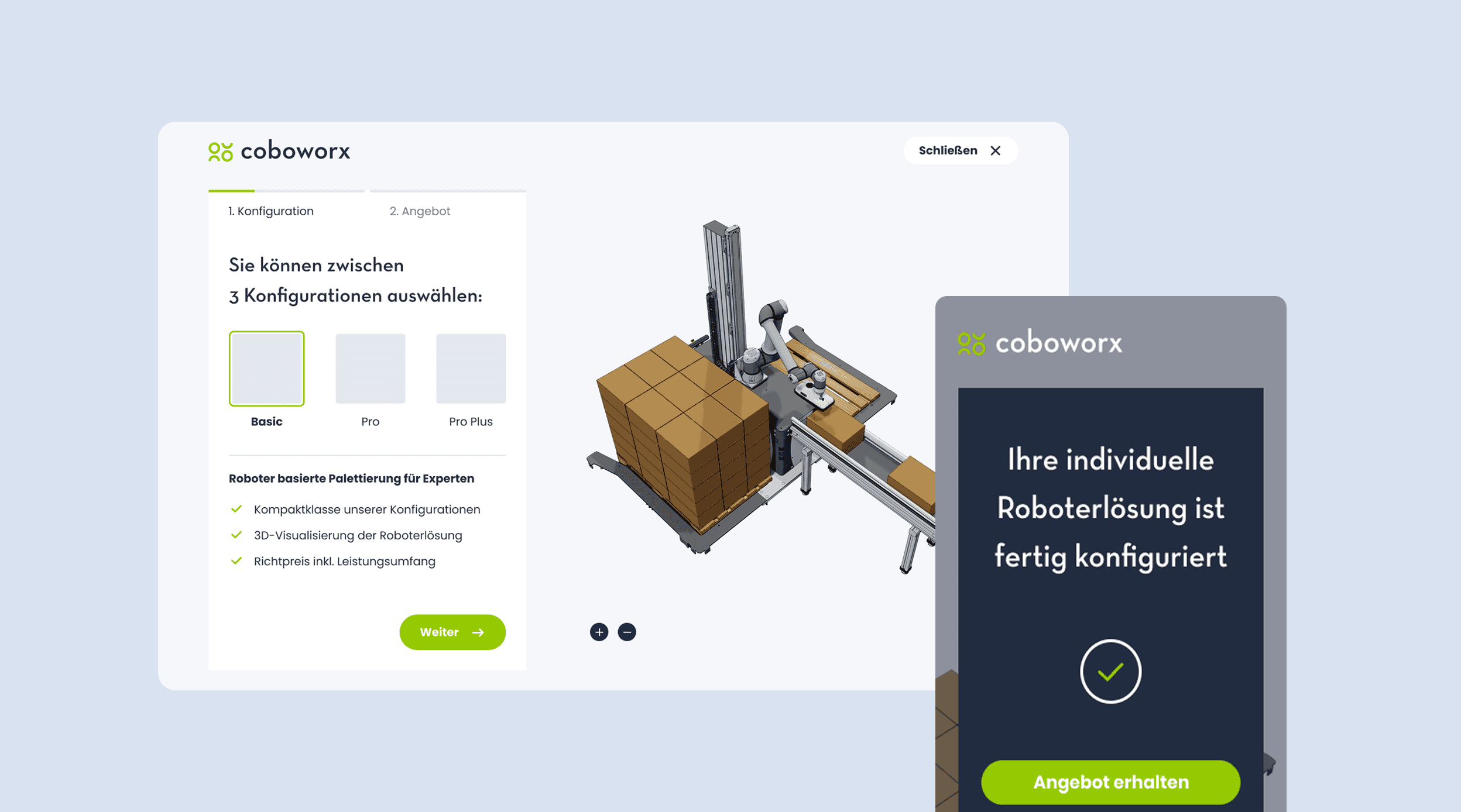 Screen-Ansicht im Desktop- und Smartphoneformat. Desktop-Ansicht zeigt den Start der Konfiguration mit Auswahl dreier Kategorien "Basic", "Pro", "Pro Plus", mit drei Stichpunkten zu Qualitätsmerkmalen der Dienstleistung. Screen-Darstellung auf dem Smartphone wenn Konfiguration fertig ist mit Button "Angebot erhalten".