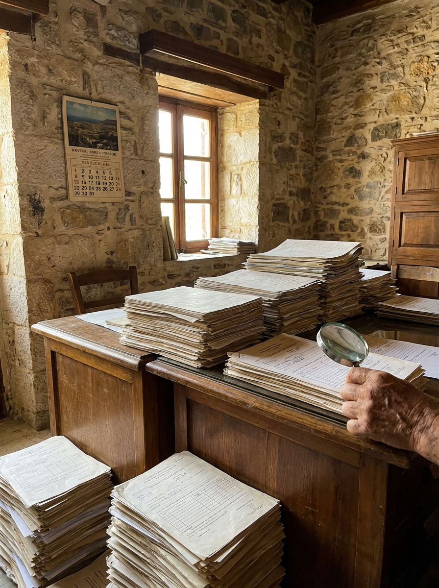 Rural administrative office in Crete with farm subsidy documents under review.