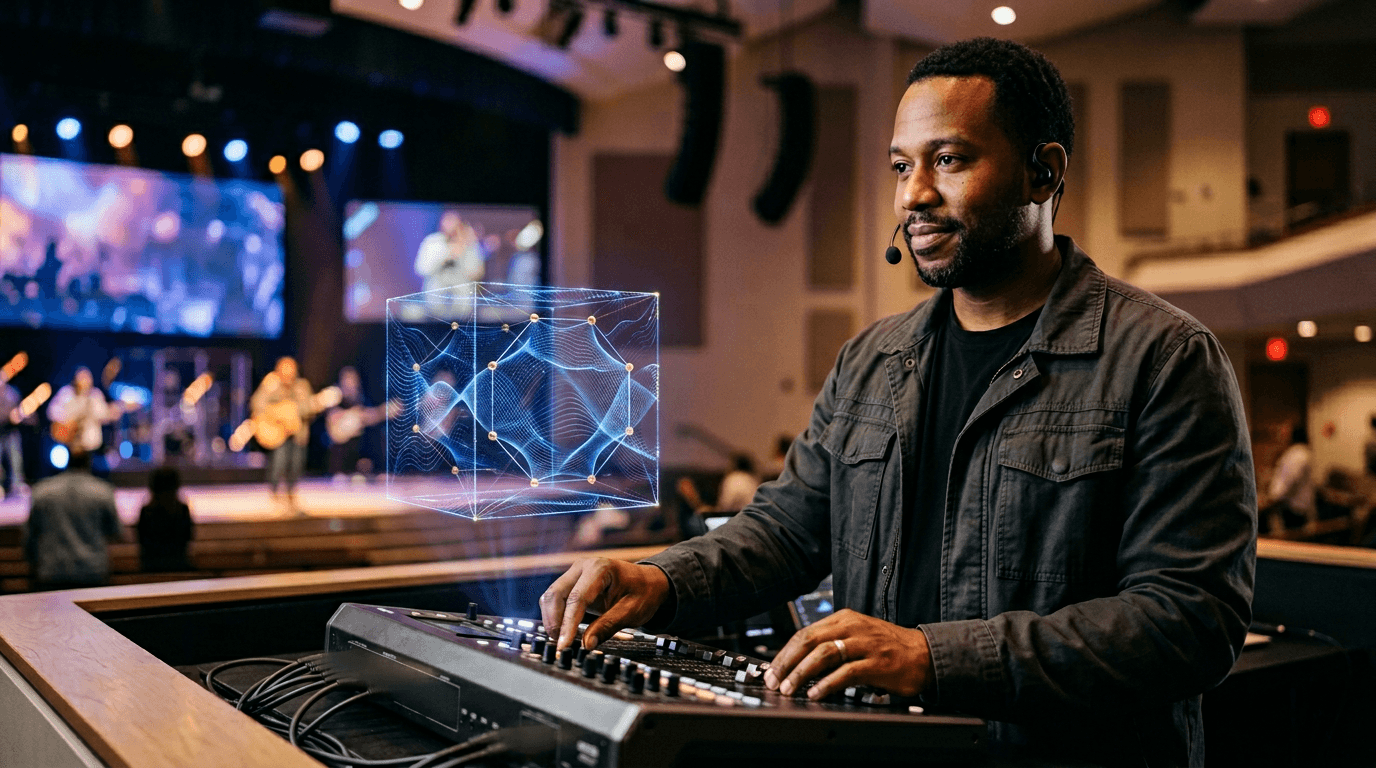 a adult black male using a video switcher streaming a church sermon