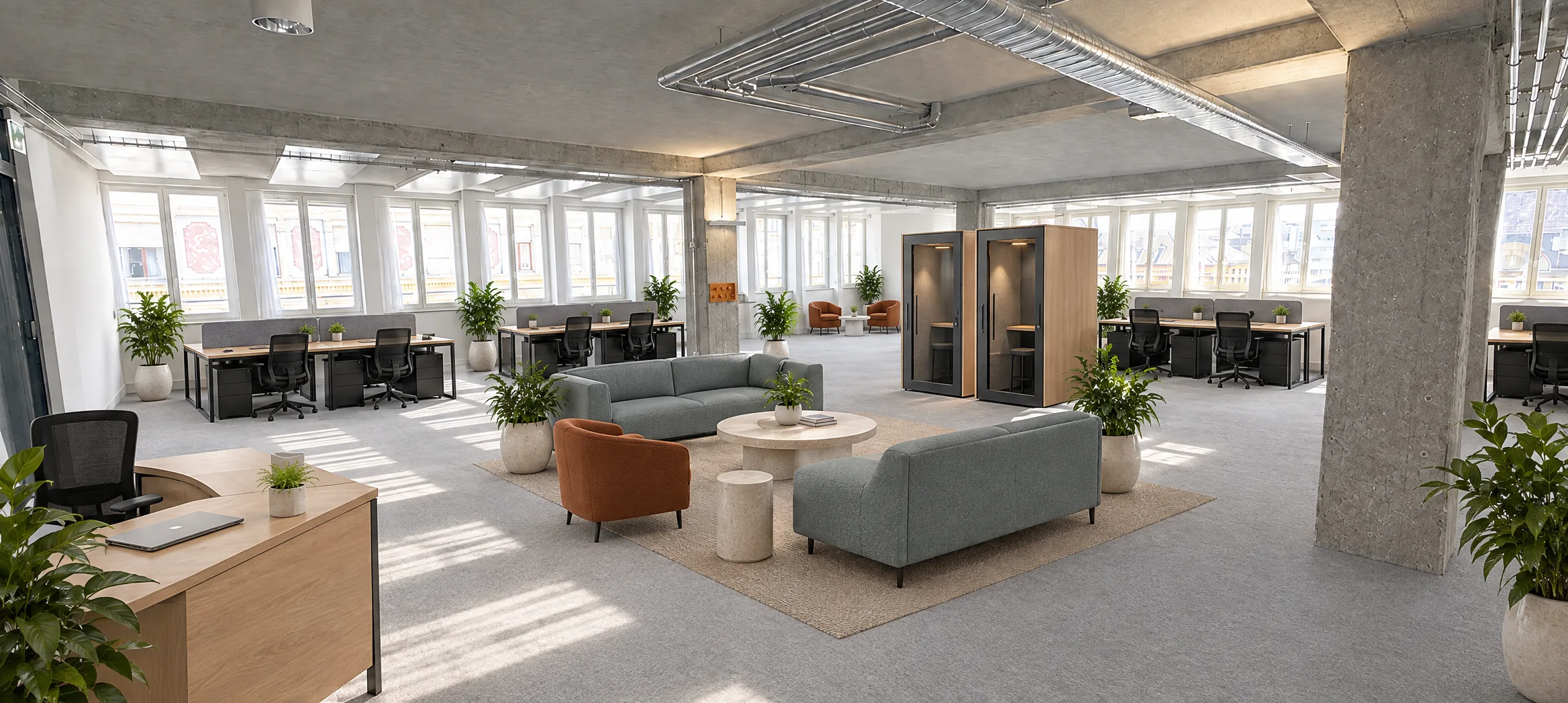 Visualisierung einer eingerichteten Bürofläche mit Arbeitsplätzen und Lounge