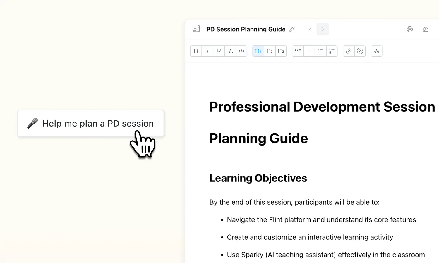 Image of PD planner in use, with professional development session planning guide for onboarding teachers to Flint