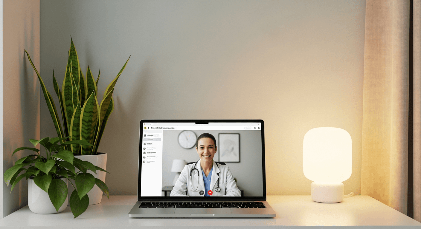 A calm, modern telehealth psychiatry consultation scene showing a laptop or tablet screen with a video call interface, soft natural lighting, clean minimalist home office setting with plants, warm and professional atmosphere, medical professional on screen, representing virtual mental health care accessibility