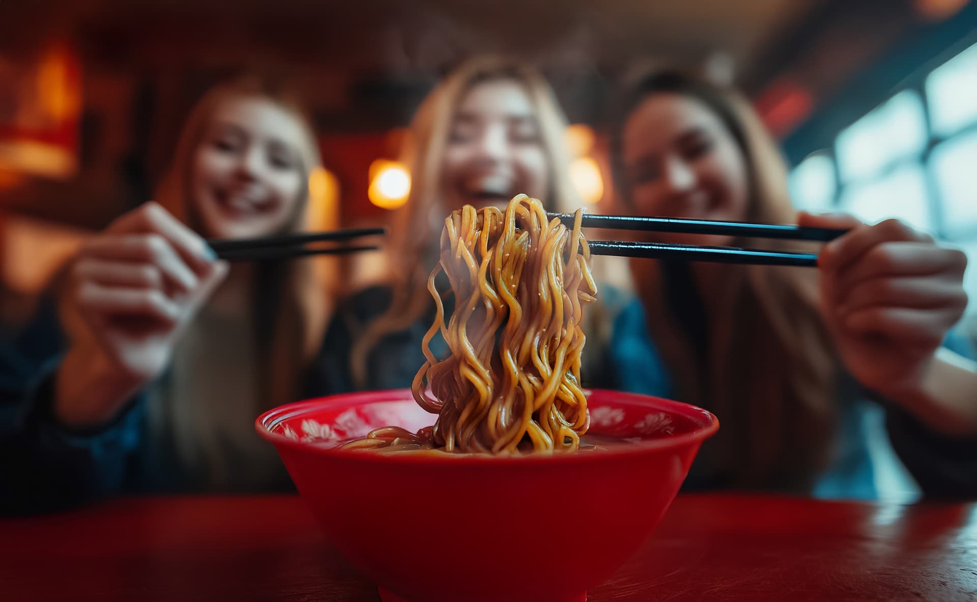 Three smiling friends enjoy a bowl of noodles together at a cozy restaurant.