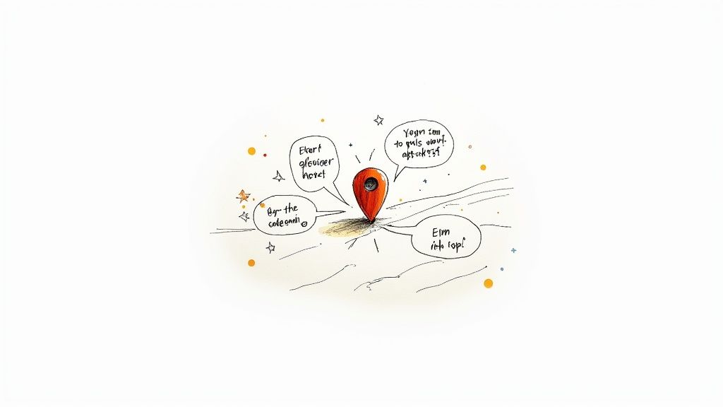 A group of people having a conversation in a community setting, representing local voices.