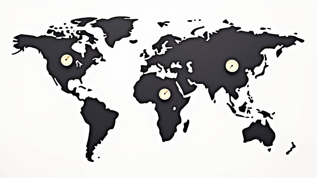 A world map with pins in different continents, illustrating global reach and multiple time zones