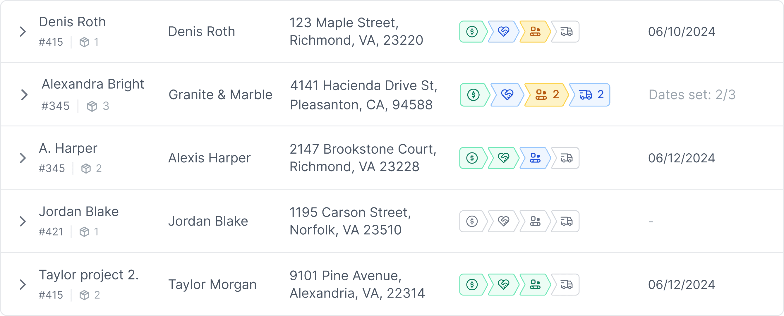 Project overview in Stonify showing accepted quotes, completed fabrication, logistics status, and installation progress.