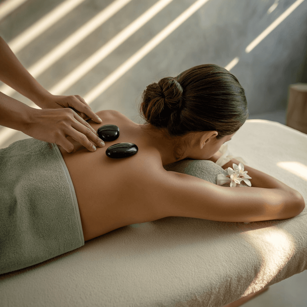 Un(e) client(e) recevant un massage aux pierres chaudes, avec des pierres noires lisses placées le long du dos. L’ambiance lumineuse renforce la sensation de détente.