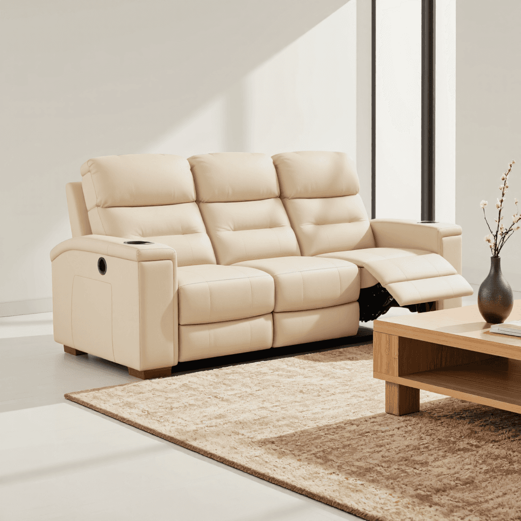 product photography of a reclining sofa with cup holders and a console