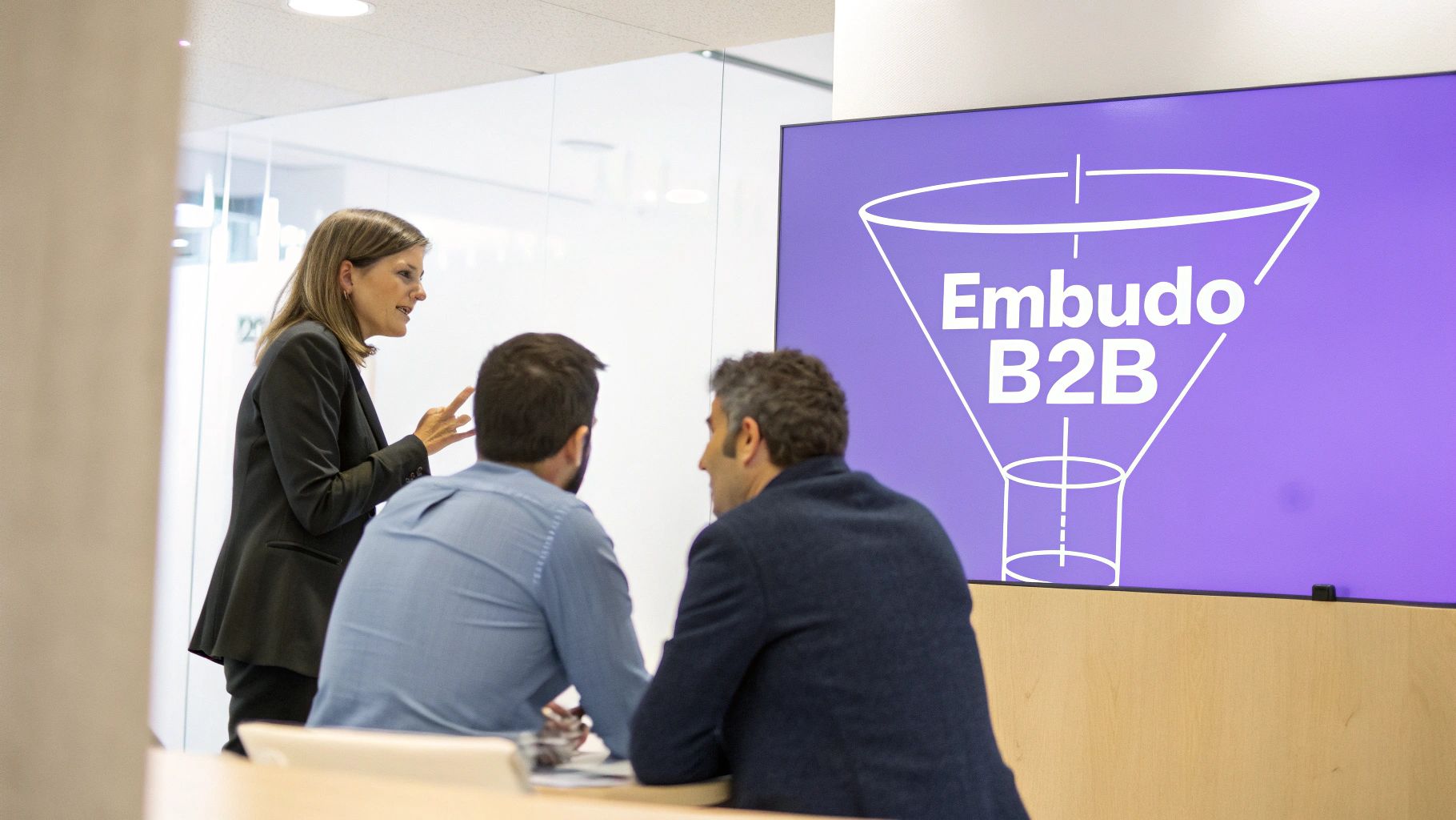 Diagrama de un embudo de ventas B2B mostrando las etapas de conciencia, consideración y decisión