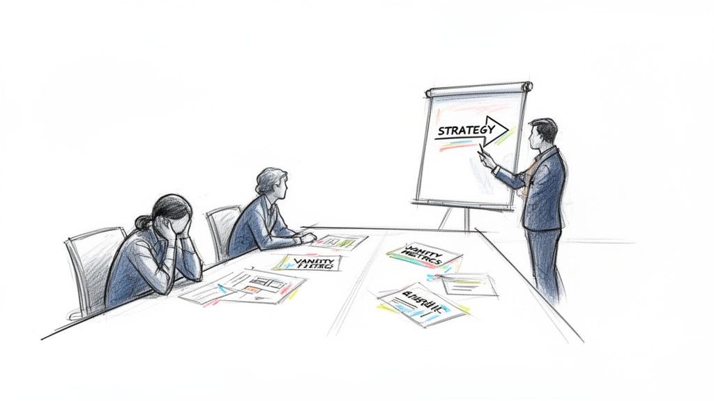 A presenter explains 'Strategy' on a whiteboard to two attendees, one looking distressed over 'Vanity Metrics' papers.