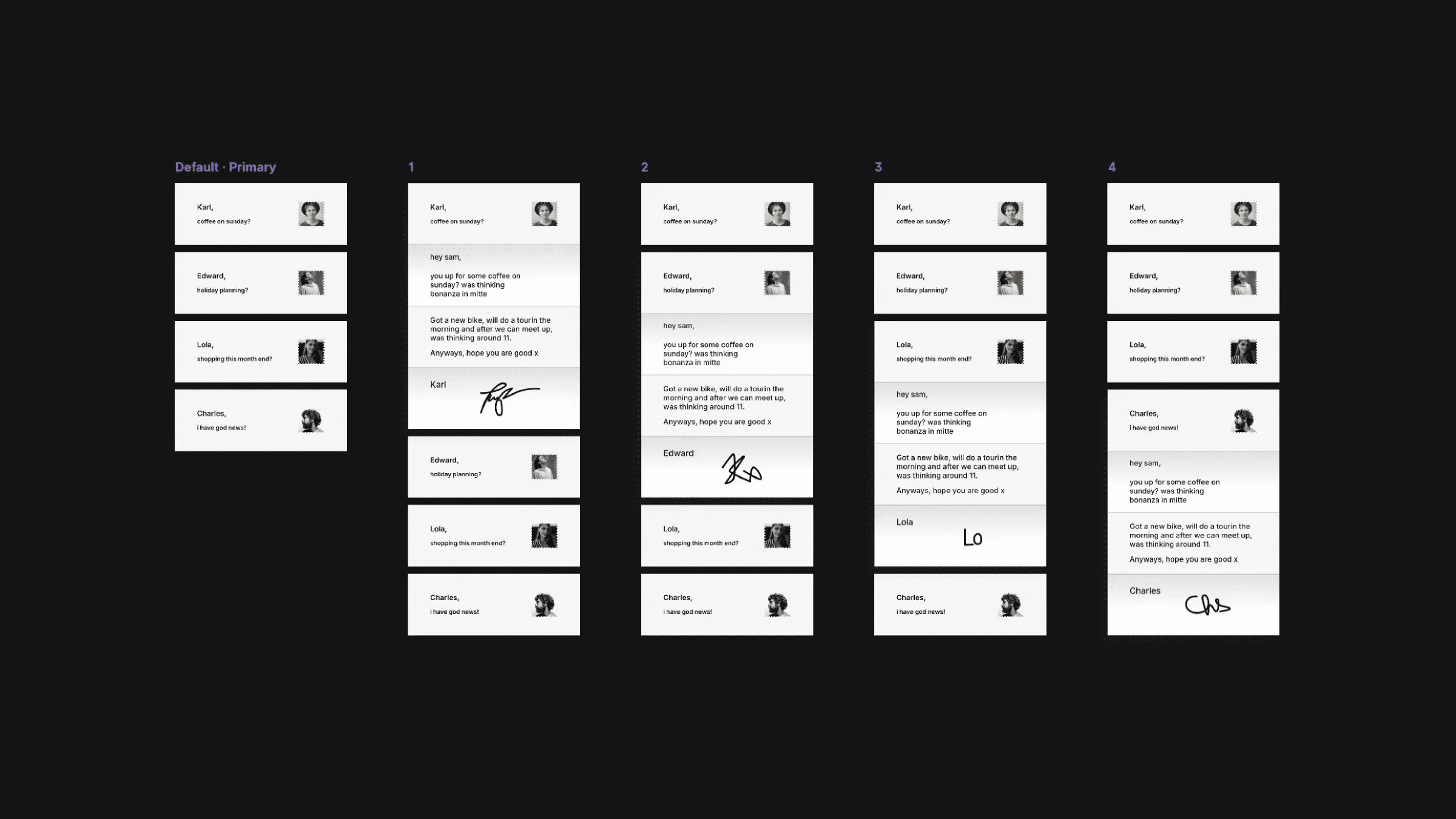 Messaging interface variants showing conversation thread progression states