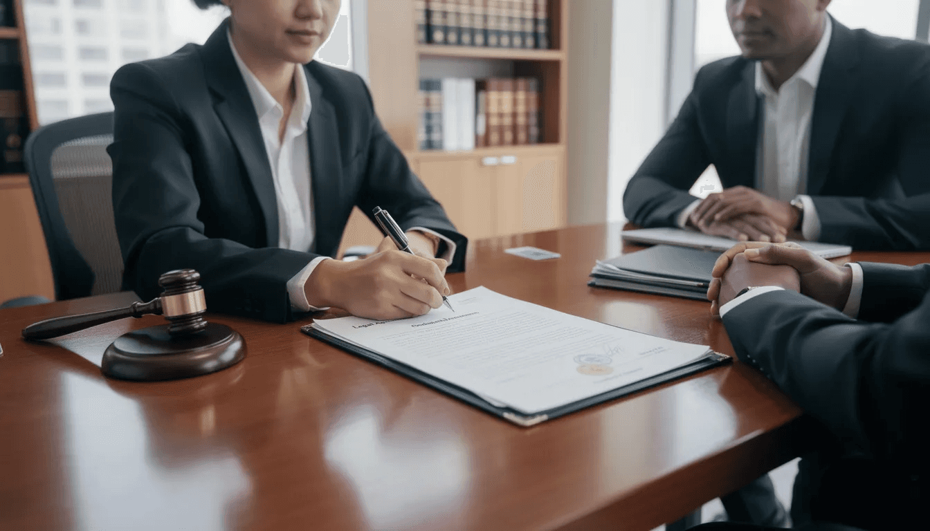 The image depicts a person signing legal documents related to estate planning, with a notary and a witness present to validate the process. This scene highlights the importance of creating an irrevocable trust to manage assets and protect them from estate taxes and other liabilities.