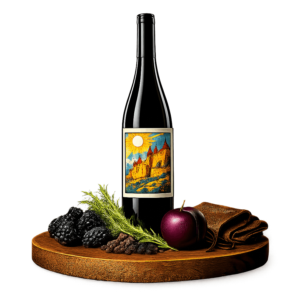 Artistic label and flavor profile for Languedoc-Roussillon Red on a rustic wooden table.