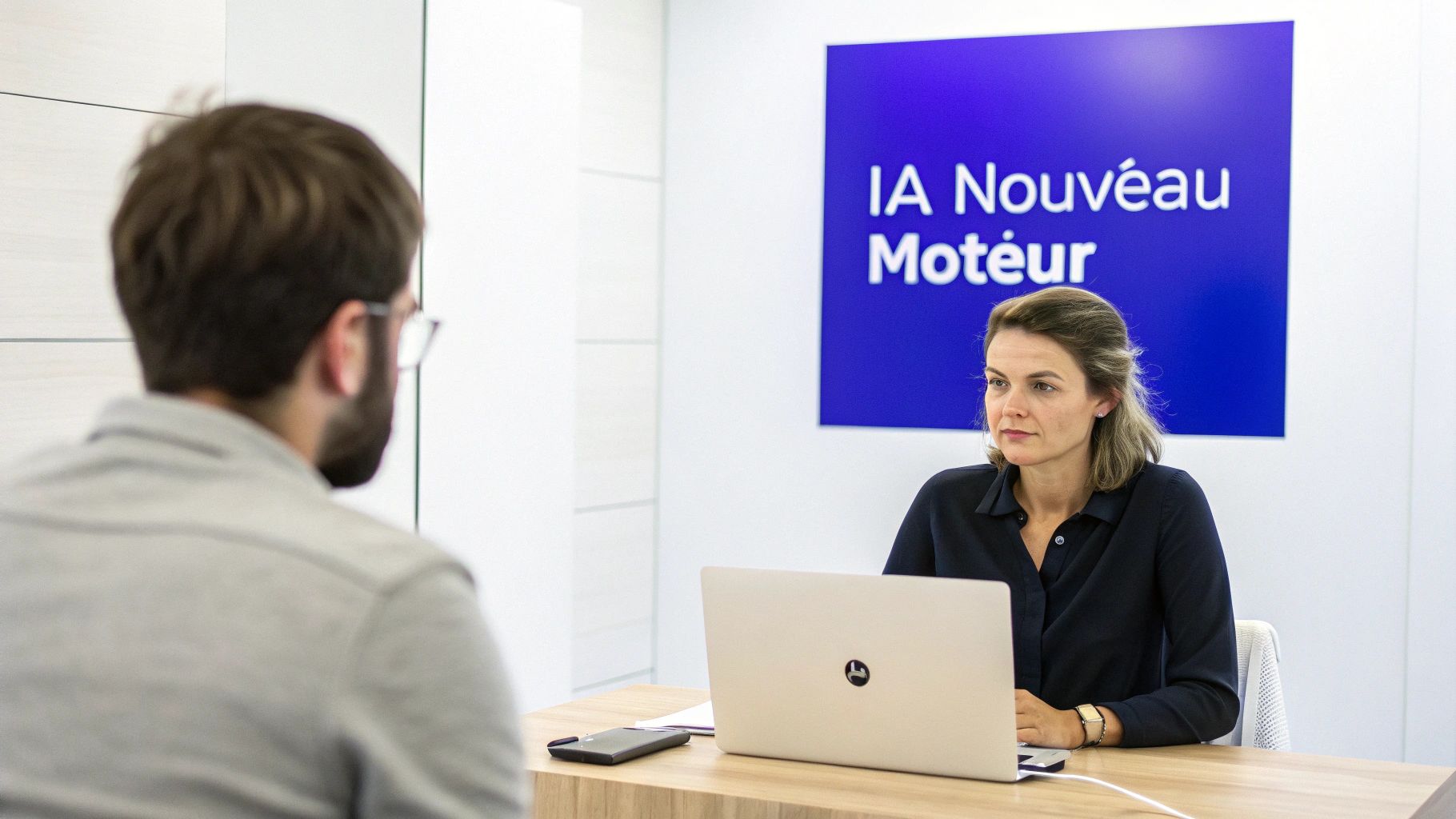 Une femme assise à un bureau avec un ordinateur portable face à un homme dans une salle de réunion avec un panneau 'IA Nouveau Moteur'.