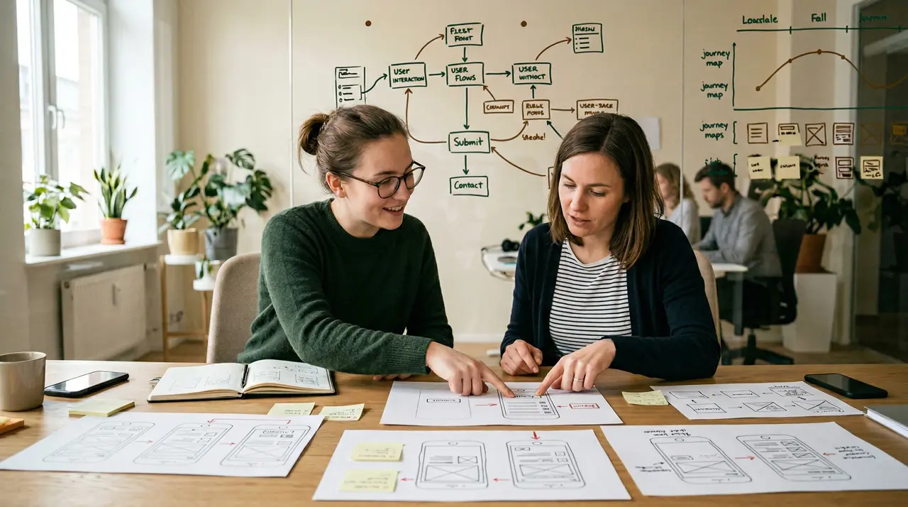 Diseñador UX y usuario revisando prototipos de baja fidelidad sobre una mesa de trabajo, colaborando para identificar mejoras antes del desarrollo final.