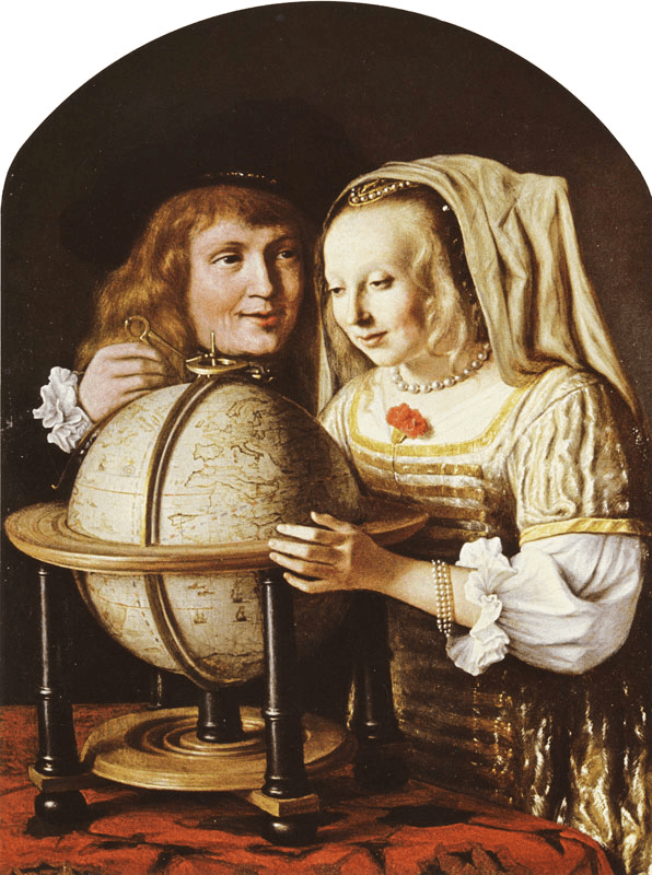 Two figures, a woman and a man, closely examine a globe, demonstrating curiosity and engagement with exploration.